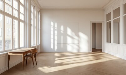 Bright and Airy Empty Room with Large Windows Casting Shadows on Light Wooden Floor in Minimalist Design Aesthetic