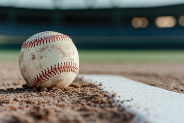 Baseball resting on sandy field, showcasing intricate stitching