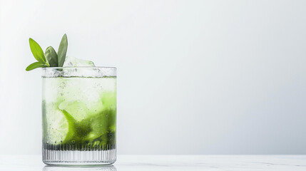 Refreshing Green Cocktail: A close-up shot of a vibrant green cocktail in a crystal glass, garnished with fresh herbs and ice cubes. The drink offers a refreshing and sophisticated appeal.