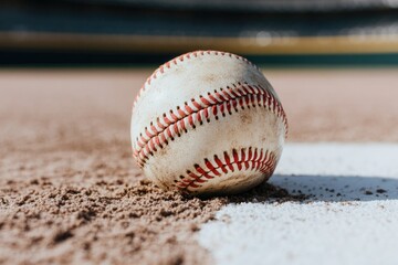 Baseball rests on sandy field, showcasing detailed stitching and