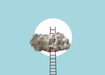 A surreal wooden ladder reaching up to a fluffy cloud in a light blue sky, symbolizing aspiration and dreams or modern cloud computing.