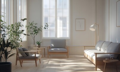 Fototapeta premium Bright and Airy Living Room with Natural Light, Cozy Furniture, and Lush Green Plants for a Serene Home Environment