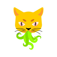 Cat with tentacles in mouth. Pet galactic animal. Cat with Polypody parasite