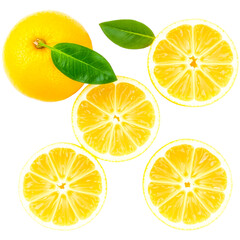 Obraz premium Juicy ripe lemon halves and whole citrus fruit arranged beautifully isolated on transparent background
