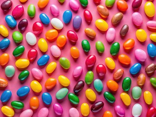Pink flat lay, showcasing jelly bears in a wide shot.