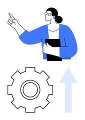 Woman in glasses holding a folder and pointing upward, accompanied by a gear and upward arrow. Ideal for leadership, growth, ideas, productivity, innovation, teamwork, abstract line flat metaphor