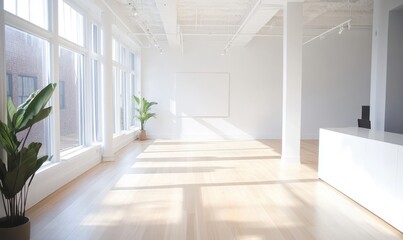 Obraz premium Bright and Spacious Modern Office Interior with Abundant Natural Light and Minimalist Design Elements