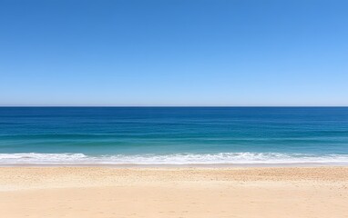 Fototapeta premium Serene Beach Ocean Landscape, Blue Sky, Calm Waves, Sandy Shore