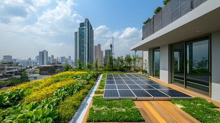 with solar panels installed in a row, overlooking a sprawling city, showcasing the role of renewable energy in urban development 