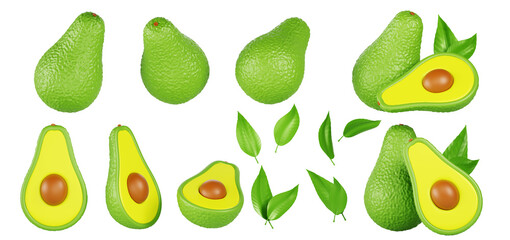 Avocado 3d render icon set. Green tropical fruit with leaf, whole and half cut. Vegan healthy nutrition food in different angles, design element isolated on transparent background. 3D illustration