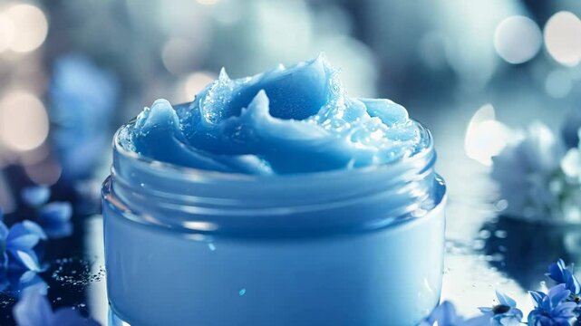 A luxurious jar of blue hydrating skincare cream surrounded by delicate blue flowers and ice crystals, evoking a sense of freshness and deep nourishment. The cool tones and elegant composition 