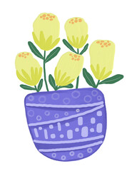 Minimalist oil painting of a blue decorative vase with yellow flowers. Elegant floral art print for modern home decor, greeting cards, invitations, stylish interiors.