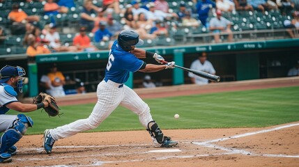 Professional Baseball Player Batting Powerful Swing Action Dynamic Sports Game Strong Hitter Blue Uniform Athletic Competition Intense Focus Baseball 
