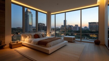 modern bedroom interior with city view at dusk