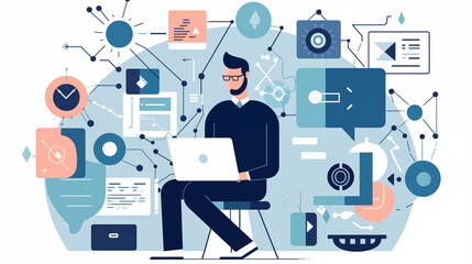 デジタルワークスペースのイラスト | ラップトップで作業するビジネスパーソン
Digital Workspace Illustration | Business Person Working on a Laptop