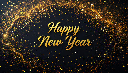 A festive New Year's greeting card featuring a dark background with scattered gold glitter and the text 'Happy New Year