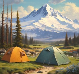 Illustration of tent camping in wild.