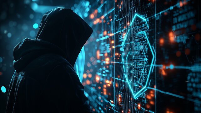 Futuristic hacker vs. AI data: cybersecurity shields protect.  Tense digital conflict. Ideal for cybersecurity & tech thriller themes.

