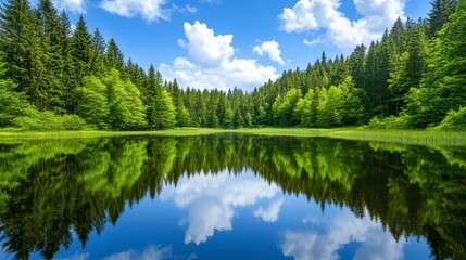 Obraz premium Calm Lake Reflecting Lush Green Forest Under a Blue Sky