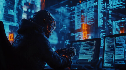 Futuristic hacker vs. AI data: cybersecurity shields protect.  Tense digital conflict. Ideal for cybersecurity & tech thriller themes.

