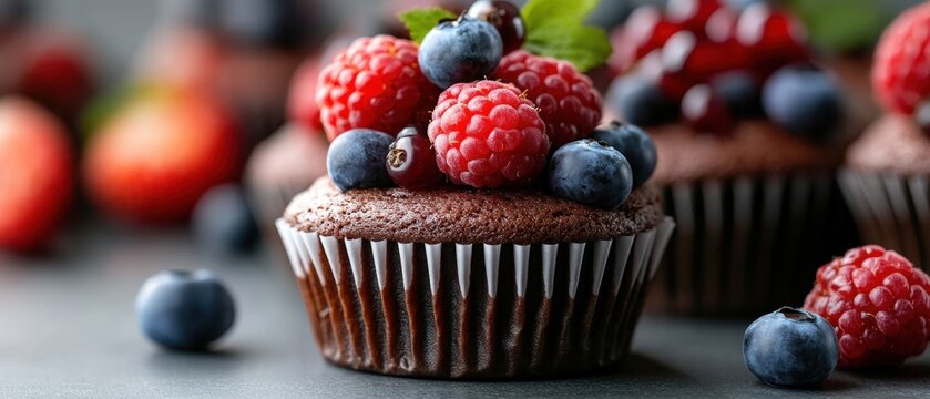 Chocolate cupcakes topped with fresh berries