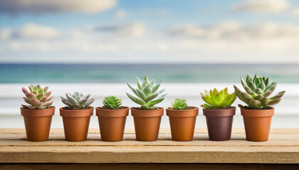 Fototapeta premium Succulents and cacti in pots on a wooden shelf. Sea and blue sky on the background. Season concept