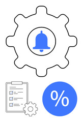 Bell symbol inside gear represents notifications. Below, a checklist clipboard and a percentage symbol suggest task management and progress tracking. Ideal for productivity, efficiency, optimization