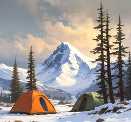 Illustration of tent camping in wild.