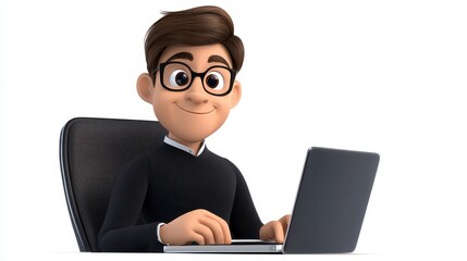 3D Cartoon Man Working on Laptop