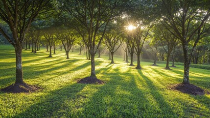 Fototapeta premium Sunlight Filtering Through Trees in Lush Green Landscape