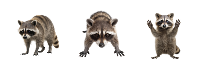 Curious raccoons in various poses show off their unique personalities and playful nature