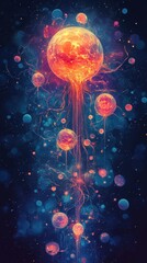 Vibrant Abstract Digital Illustration of Glowing Bioluminescent Jellyfish Floating in Cosmic Ocean with Ethereal Light and Radiant Hues
