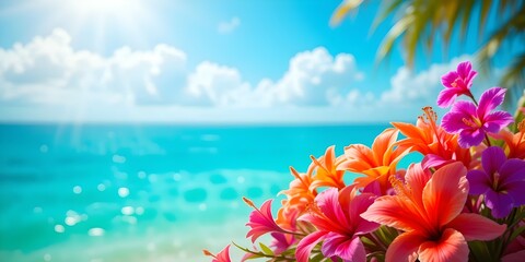 tropical flowers in summer colorful vibrant beach sunlight blue sky horizontal blurred background