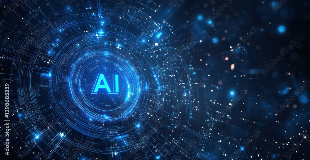 Poster artificial intelligence glowing symbol in futuristic digital circle