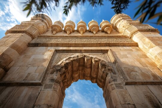 Bab al nasr imposing gate framing blue sky in cairo, egypt