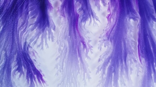 An elegant abstract design featuring intricate branching patterns in vibrant purple tones, highlighted with a glittery texture on a soft white background. The organic flow evokes a sense of movement.