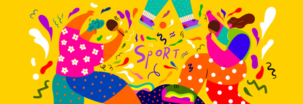 Colorful summer vector banner with people doing sports. People playing outdoors. Summer time concept design