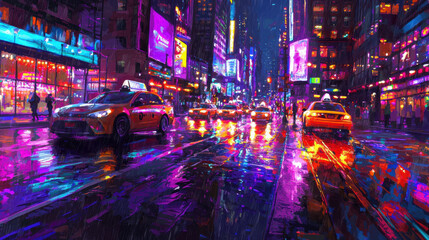 Obraz premium A vibrant cityscape painting of New York at night, neon lights reflecting on wet streets, modern impressionism