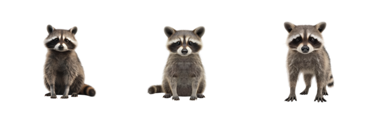 Three cute raccoons sitting showing black and white mask faces in a row