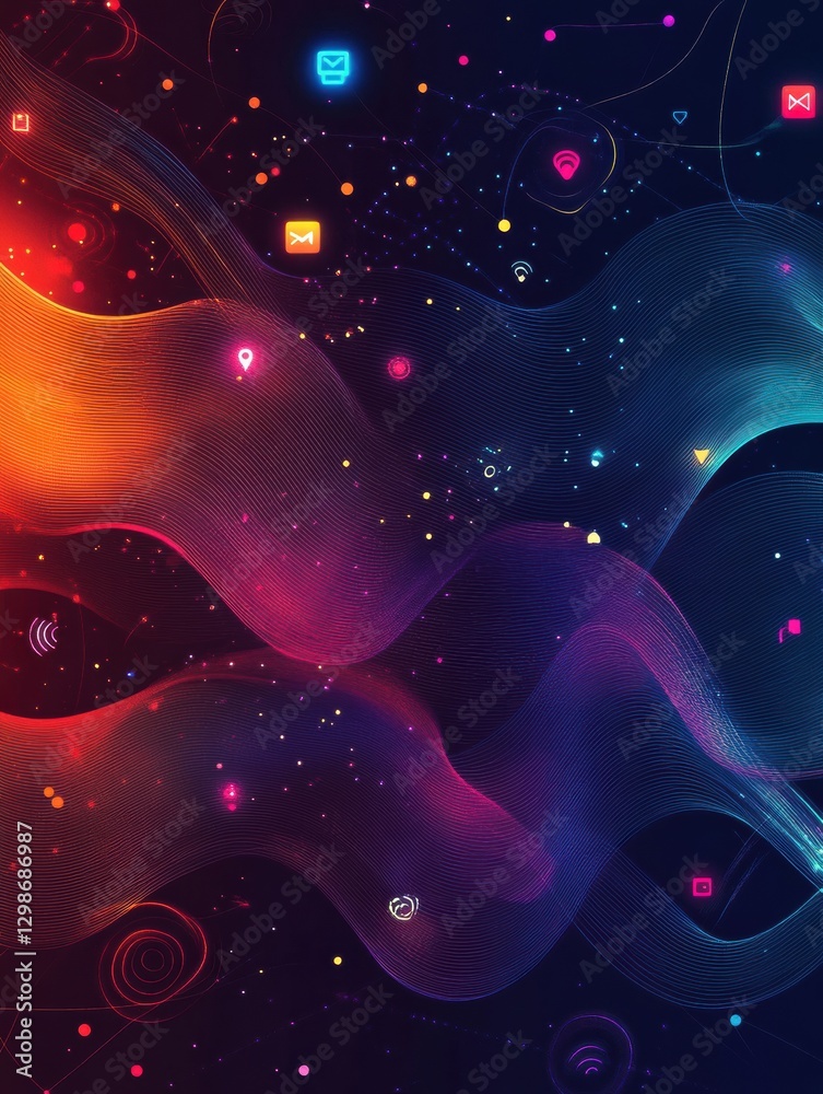 Poster Colorful abstract digital background with flowing waves and technology icons highlighting modern connectivity. Generative AI