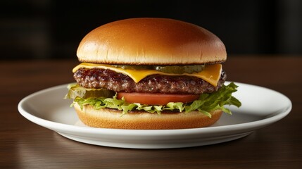 Delicious burger on white plate, restaurant setting