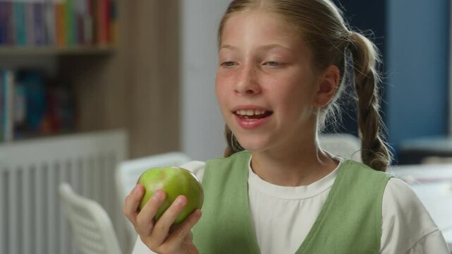 Caucasian girl teenager studying at school cute pretty kid child smiling daughter pupil schoolgirl student holding apple snack lunch education school learner smell fruit healthy vitamin food nutrition