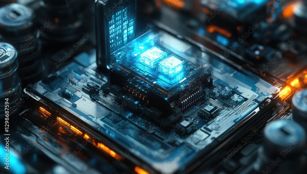 Poster close-up view of a futuristic microprocessor on a circuit board with blue glow and complex component
