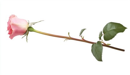 Fototapeta premium Single Pink Rose on White Background with Green Leaves Natural Beauty