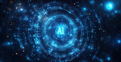 Fototapeta premium Glowing ai letters surrounded by digital connections and circles on blue background