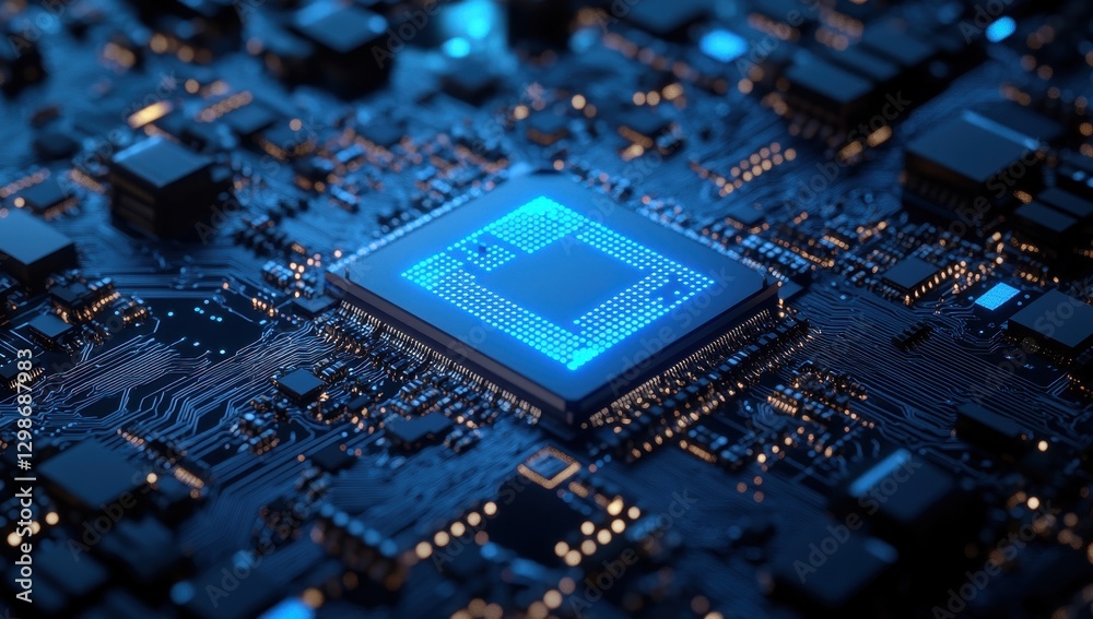 Poster close-up view of a microprocessor on a high-tech circuit board illuminated with blue led lights for 