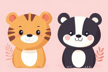 Cute tiger and skunk smiling on pink background