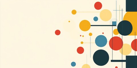 Geometric composition featuring colorful circles squares and connecting lines