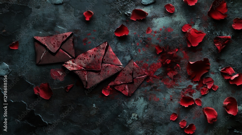 Poster dark, romantic letters surrounded by red rose petals on a textured surface. generative ai
