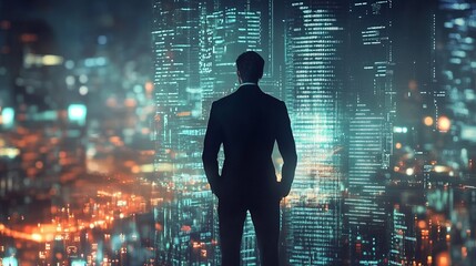 Businessman Futuristic Cityscape Digital Art Modern Technology Success Visionary Leader Global Network Innovation Digital Transformation Strategic    